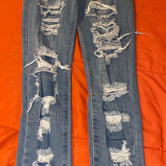Light Wash Distressed Denim Jeans with Paneling - Picture 3 of 4